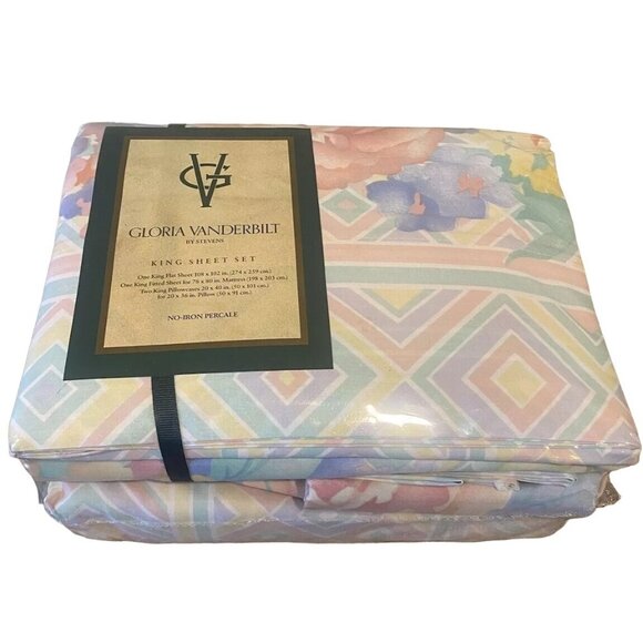Vintage 1991 Gloria Vanderbilt King Sheet Set GLORIA’S COLLAGE Floral Pastel NEW - Picture 1 of 6